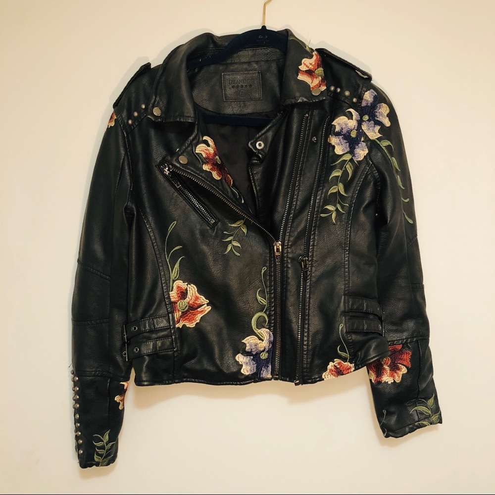 Floral Embroidered Faux Leather Jacket